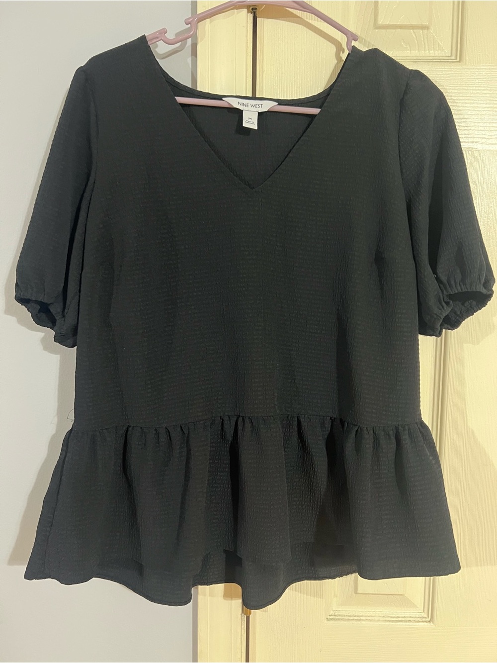 Nine West Black Textured V-Neck Peplum Blouse